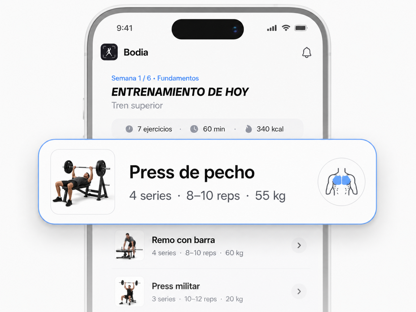Pantalla de entrenamiento diario en Bodia