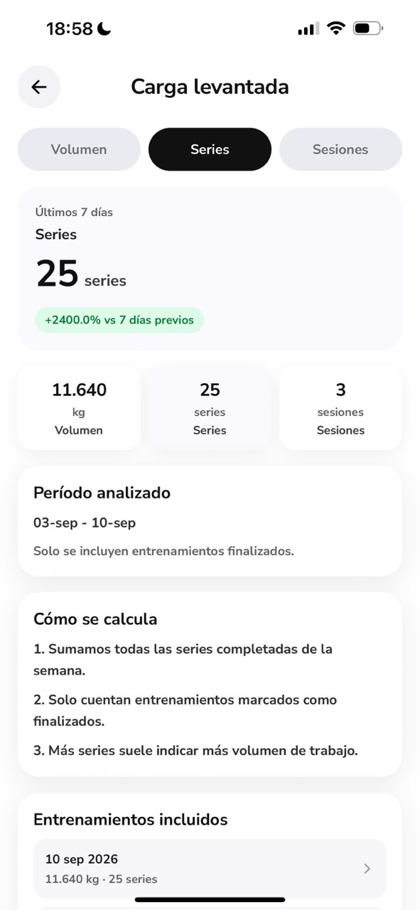 Otra pantalla del recorrido: Volumen, series y sesiones